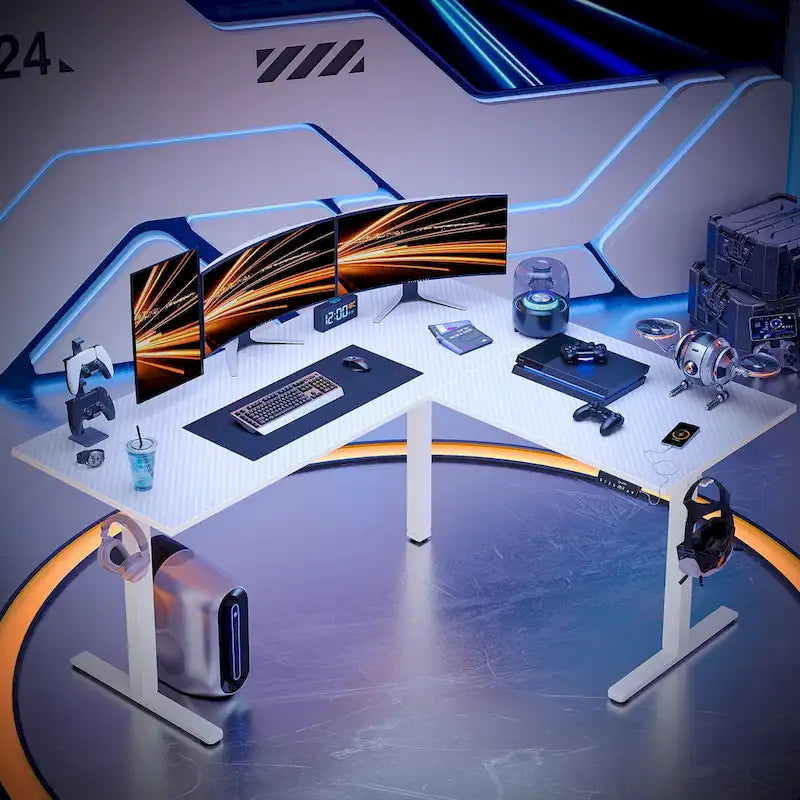 Bureau d'angle en forme de L de 63 pouces avec support ergonomique pour écran et éclairage LED intégré.