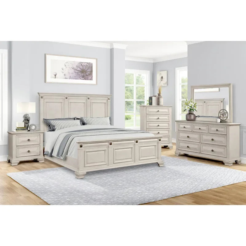 Roundhill Furniture Renova Distressed Parchment Wood Bedroom Set with Panel Bed, Dresser, Mirror, Nightstand, Chest