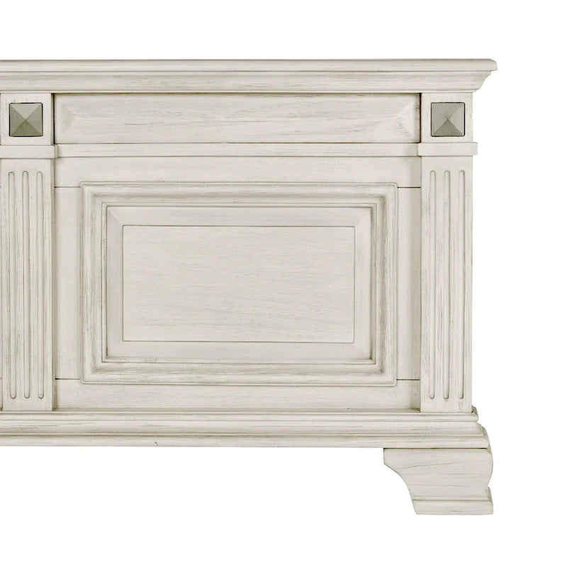 Ensemble de chambre à coucher Roundhill Furniture Renova en bois parchemin vieilli avec lit à panneaux, commode, miroir, table de chevet et commode haute.