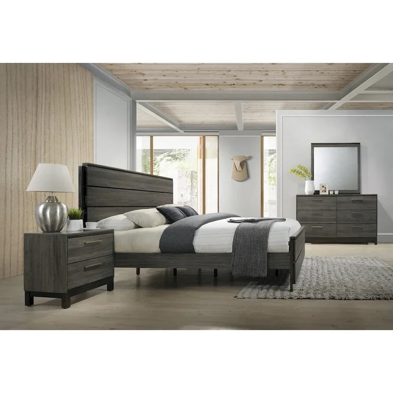 Roundhill Furniture Ioana 187 Antique Grey Finish Wood Bed Room Set, King Size Bed, Dresser, Mirror, Night Stand
