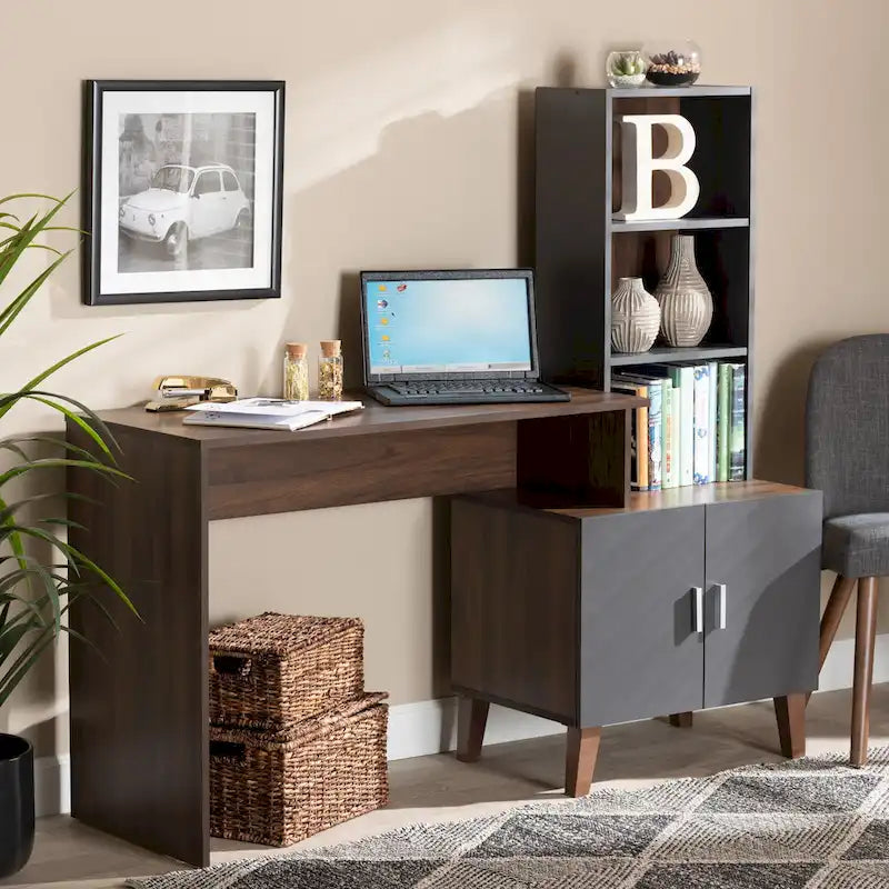 Bureau de rangement Jaeger bicolore en bois brun et gris foncé avec étagères