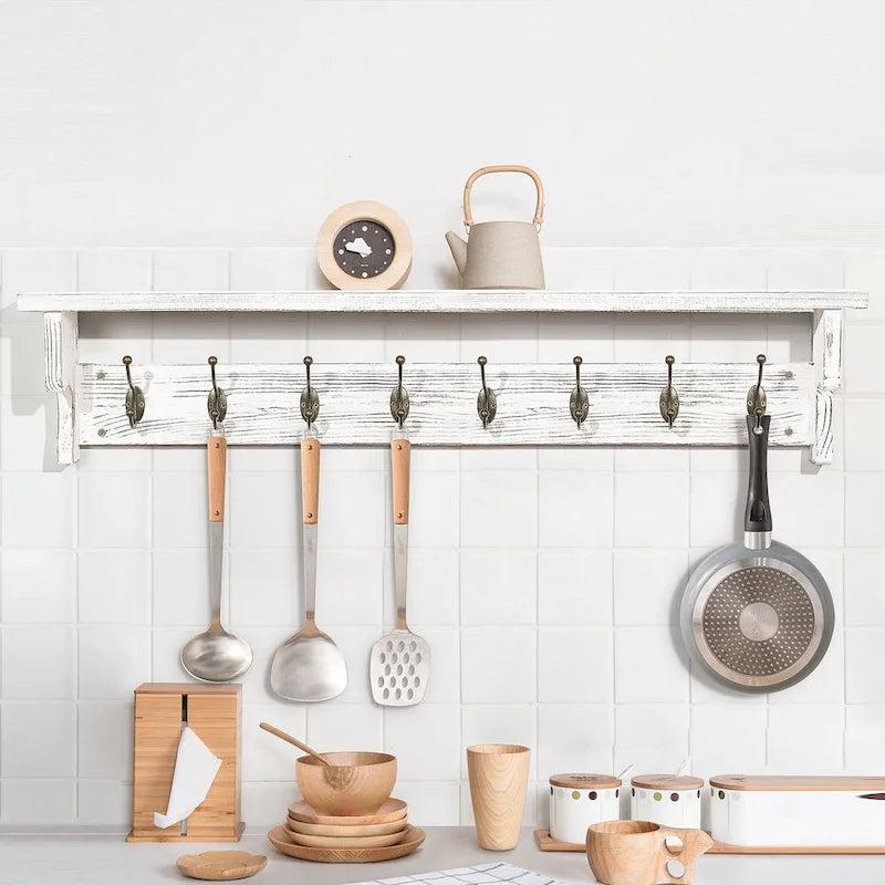 Porte-manteau mural 35,8 cm avec étagère de rangement et crochets métalliques - 35,8 cm (L) x 4,6 cm (P) x 7,8 cm (H)