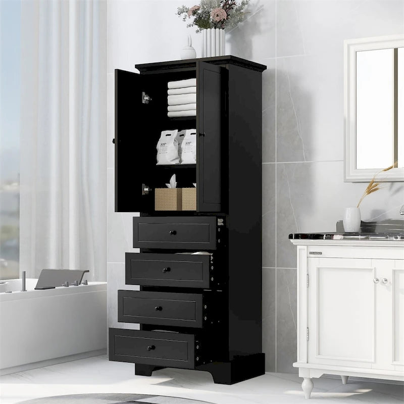Wooden Storage Cabinet with 2 Doors and 4 Drawers, Adjustable Shelf