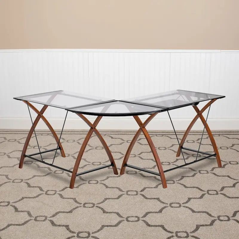 Glass L-Shape Corner Computer Desk with Pull-Out Keyboard Tray