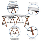 Bureau d'angle en verre en forme de L avec plateau coulissant pour clavier