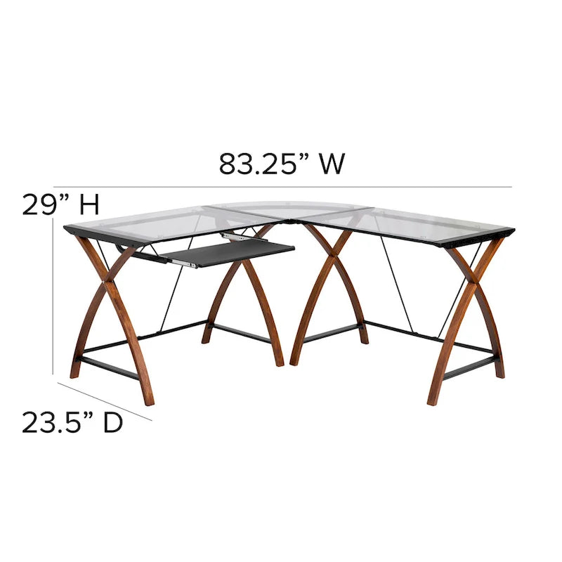 Bureau d'angle en verre en forme de L avec plateau coulissant pour clavier