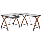 Bureau d'angle en verre en forme de L avec plateau coulissant pour clavier