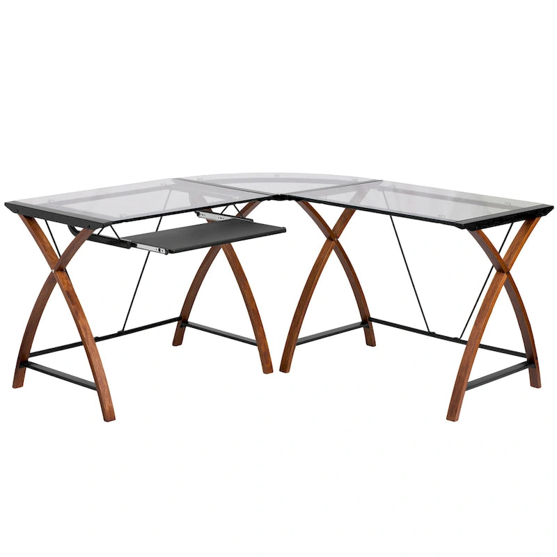 Bureau d'angle en verre en forme de L avec plateau coulissant pour clavier