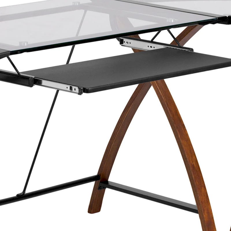 Bureau d'angle en verre en forme de L avec plateau coulissant pour clavier