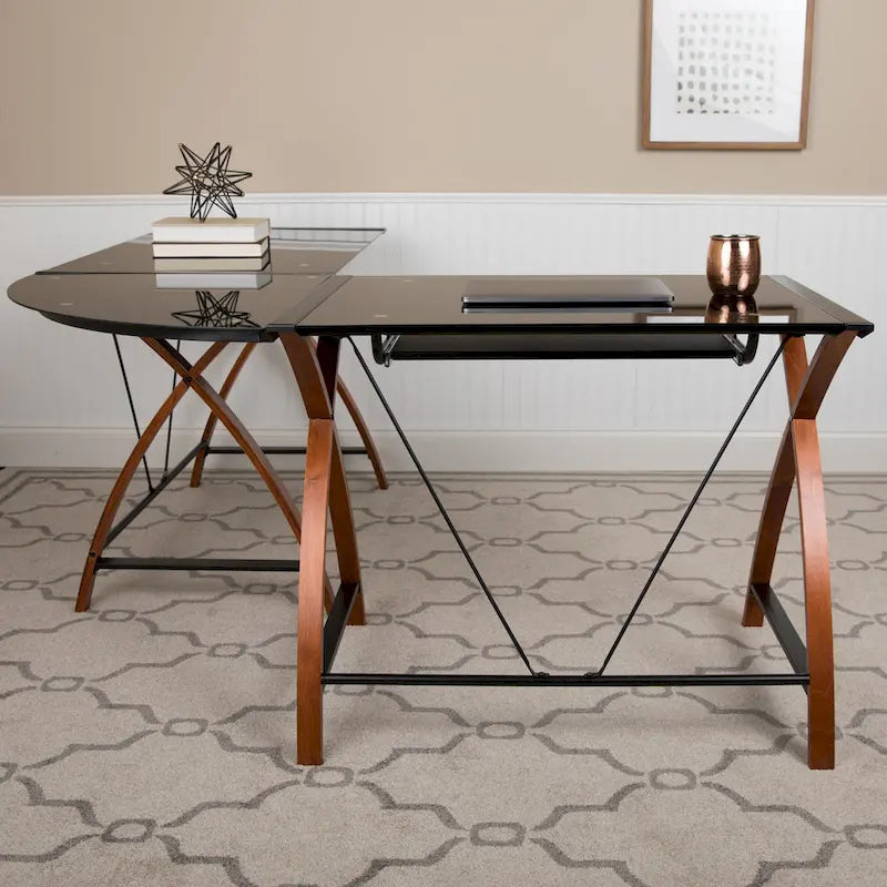 Bureau d'angle en verre en forme de L avec plateau coulissant pour clavier