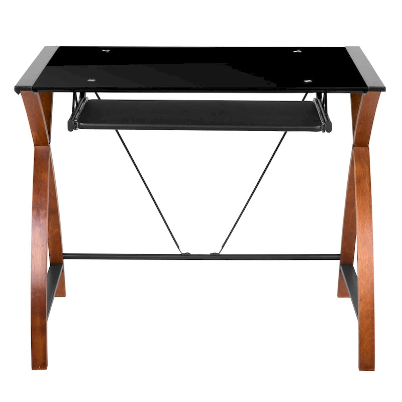 Bureau d'angle en verre en forme de L avec plateau coulissant pour clavier