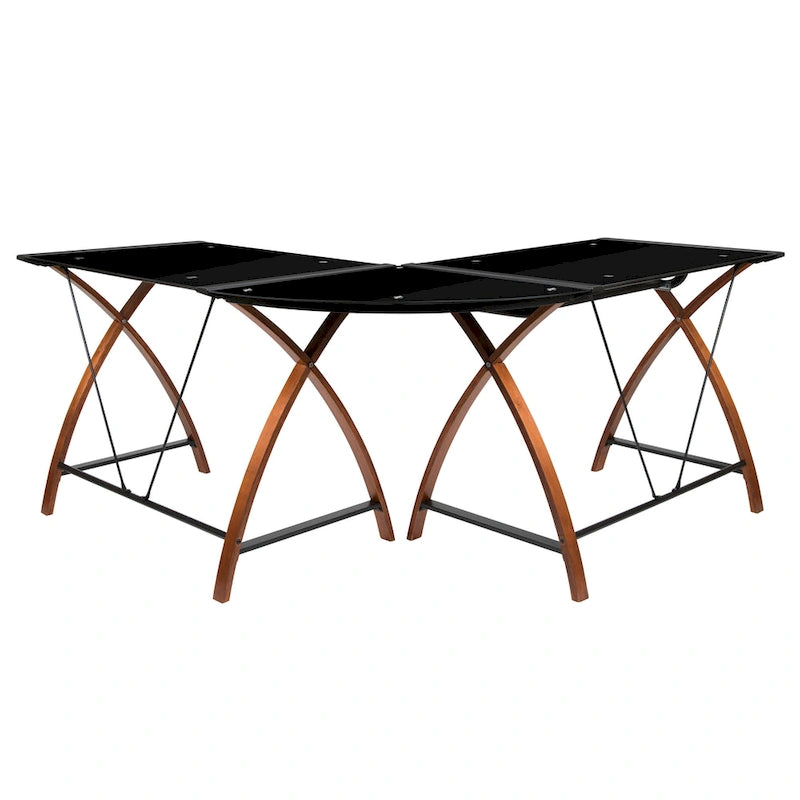 Bureau d'angle en verre en forme de L avec plateau coulissant pour clavier