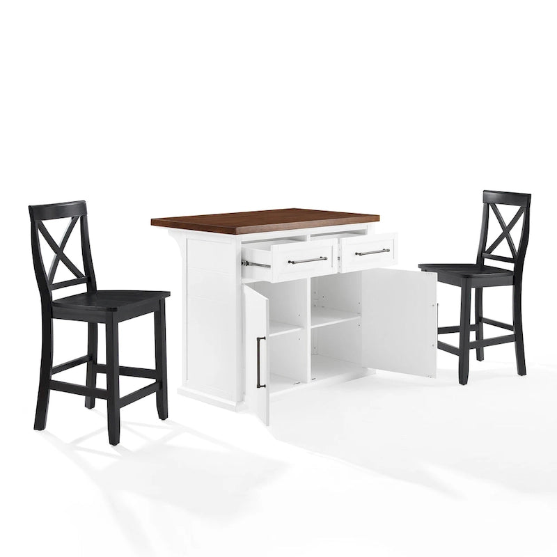 Îlot de cuisine Crosley Bartlett avec plateau en bois et tabourets à dossier en X