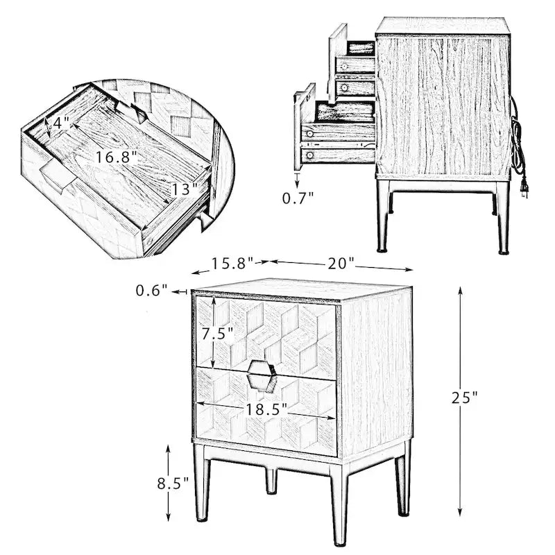 Ensemble de 2 tables de chevet Apakah Modern de 63,5 cm de haut, à 2 tiroirs, avec station de charge et pieds réglables, par HULALA HOME