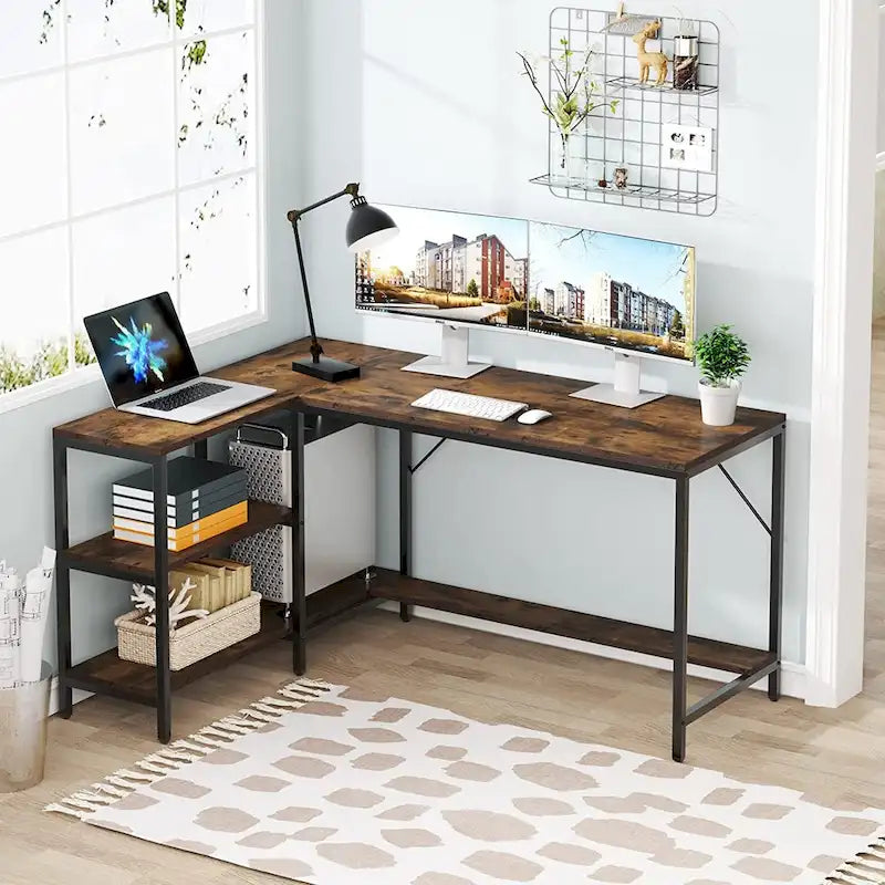 Bureau en L avec étagères de rangement, bureau d'angle avec étagère supérieure, poste de travail pour bureau à domicile