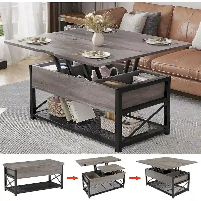 Table basse relevable avec étagère de rangement ouverte et compartiment de rangement dissimulé