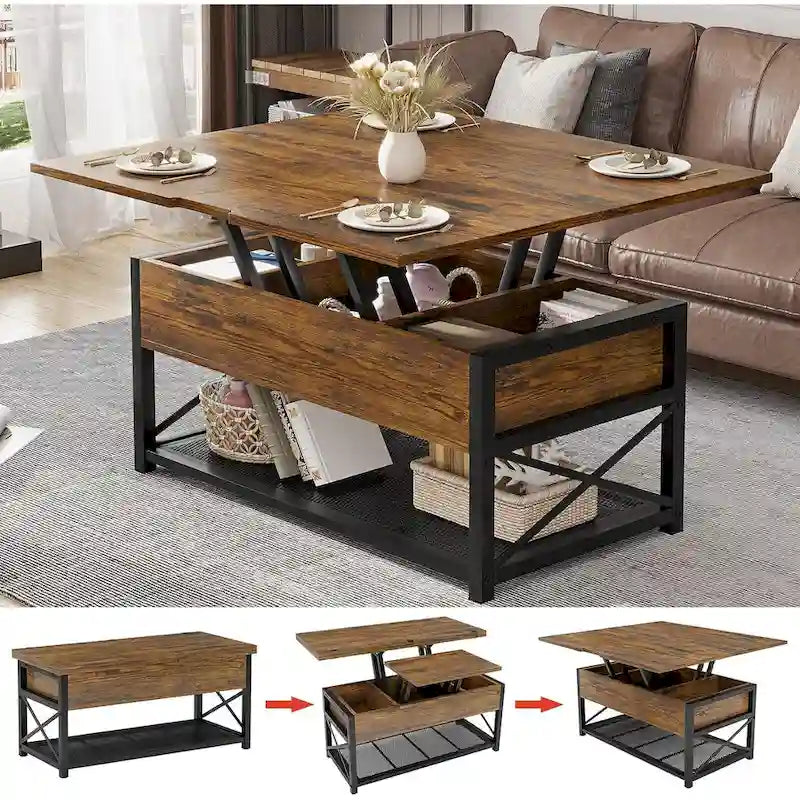 Table basse relevable avec étagère de rangement ouverte et compartiment de rangement dissimulé