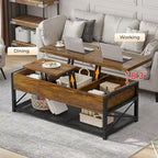 Table basse relevable avec étagère de rangement ouverte et compartiment de rangement dissimulé