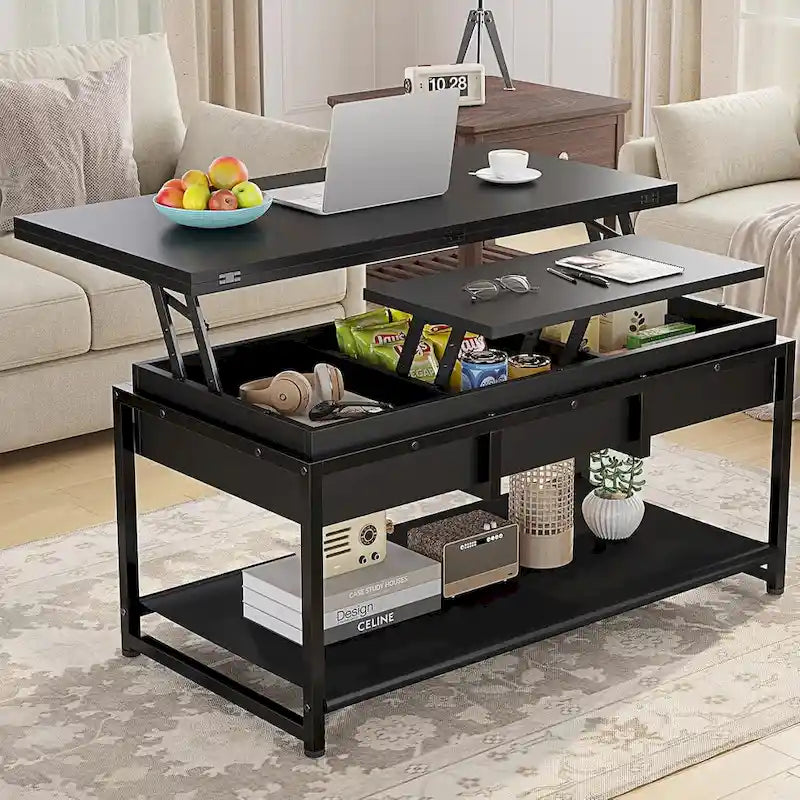 Table basse relevable avec étagère de rangement ouverte et compartiment de rangement dissimulé