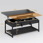 Table basse relevable avec étagère de rangement ouverte et compartiment de rangement dissimulé