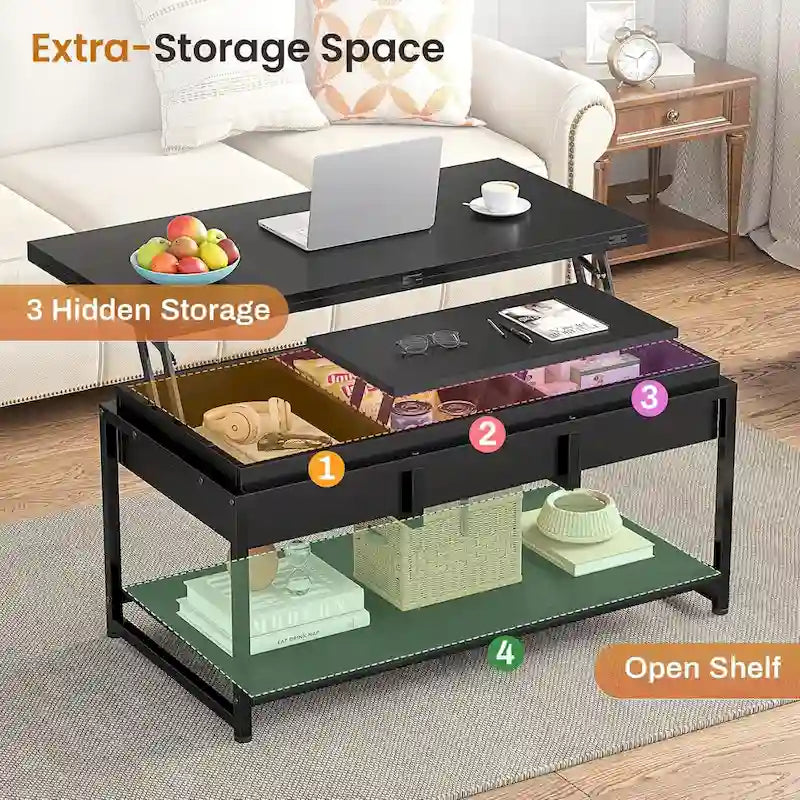 Table basse relevable avec étagère de rangement ouverte et compartiment de rangement dissimulé