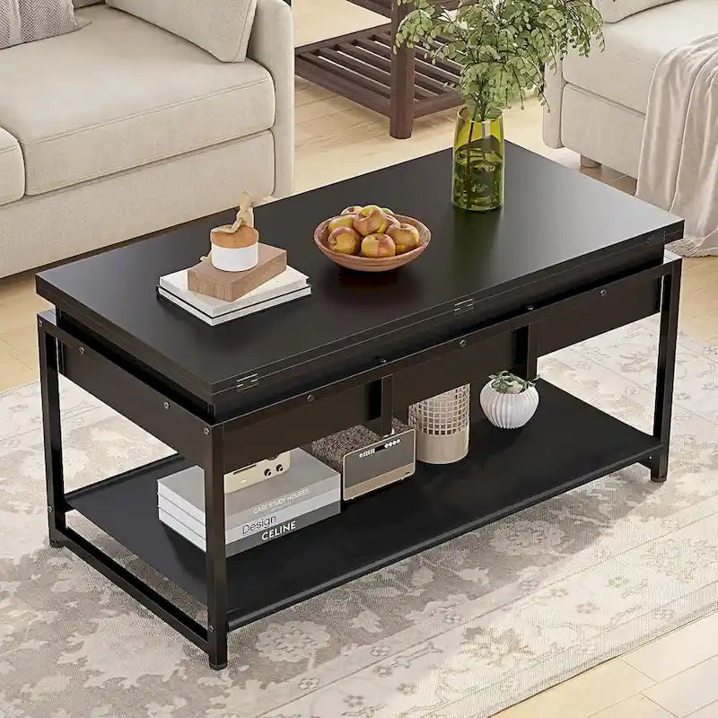 Table basse relevable avec étagère de rangement ouverte et compartiment de rangement dissimulé