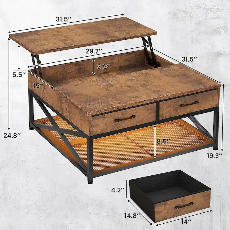 Table basse relevable avec étagère de rangement ouverte et compartiment de rangement dissimulé