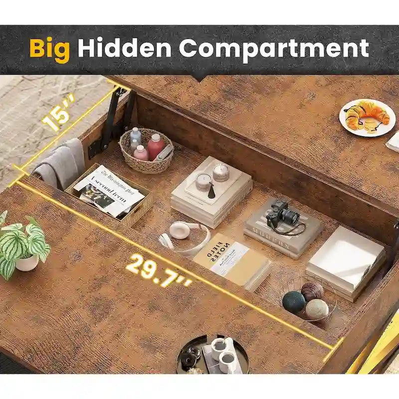 Table basse relevable avec étagère de rangement ouverte et compartiment de rangement dissimulé