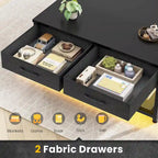 Table basse relevable avec étagère de rangement ouverte et compartiment de rangement dissimulé