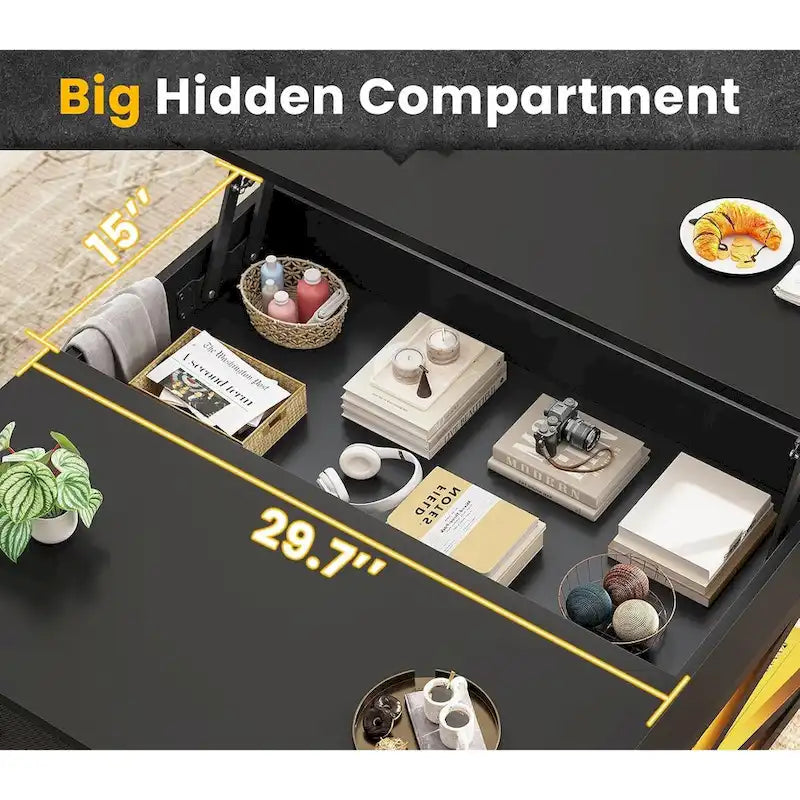 Table basse relevable avec étagère de rangement ouverte et compartiment de rangement dissimulé