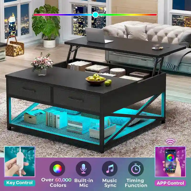 Table basse relevable avec étagère de rangement ouverte et compartiment de rangement dissimulé