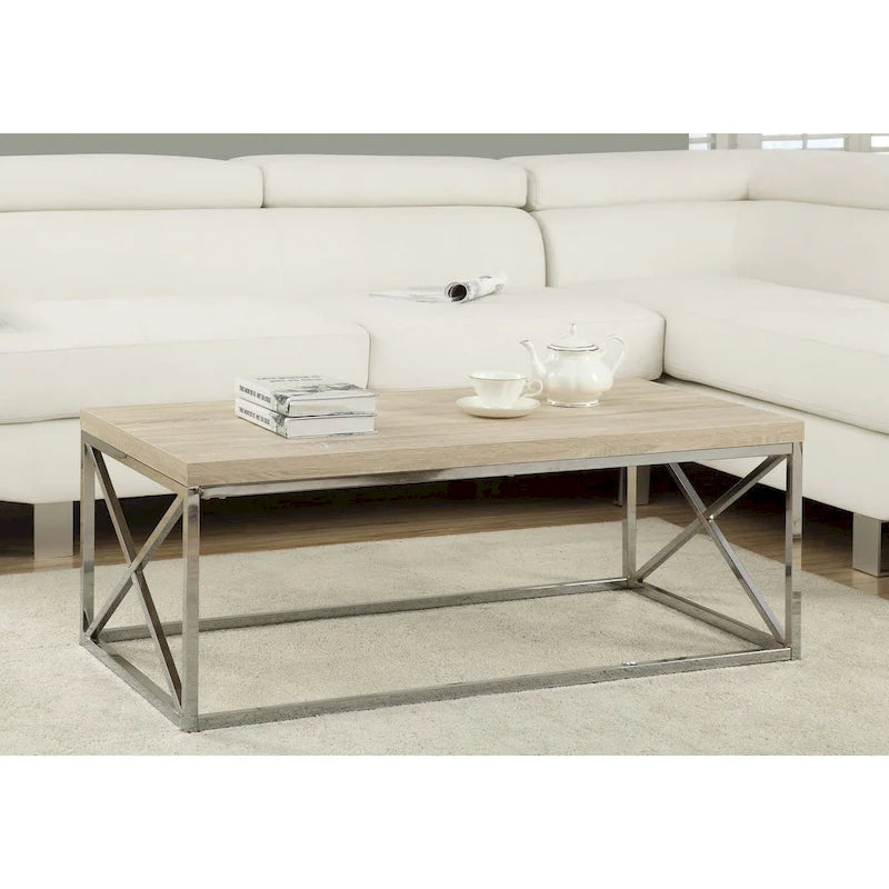 Monarch Natural Wood-Look Finish Chrome Metal Contemporary Design Coffee Table - 32