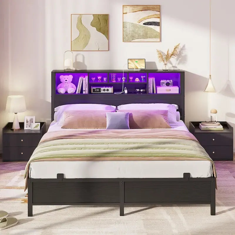 Cadre de lit avec tête de lit bibliothèque, cadre de lit plateforme en métal avec station de recharge et éclairage LED