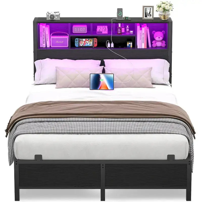 Cadre de lit avec tête de lit bibliothèque, cadre de lit plateforme en métal avec station de recharge et éclairage LED