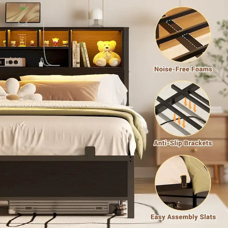 Cadre de lit avec tête de lit bibliothèque, cadre de lit plateforme en métal avec station de recharge et éclairage LED