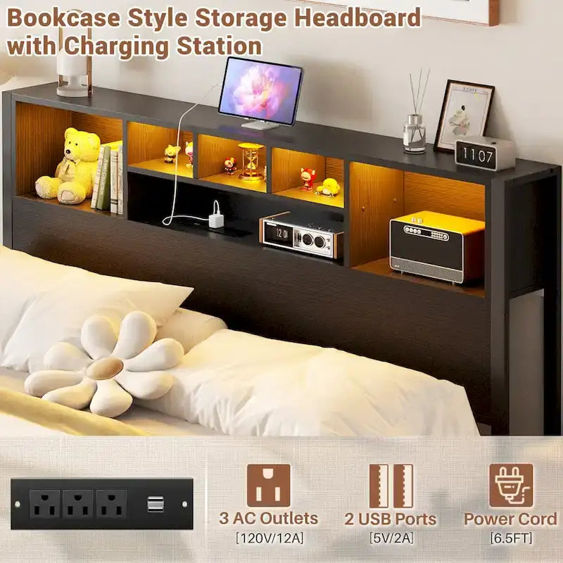 Cadre de lit avec tête de lit bibliothèque, cadre de lit plateforme en métal avec station de recharge et éclairage LED