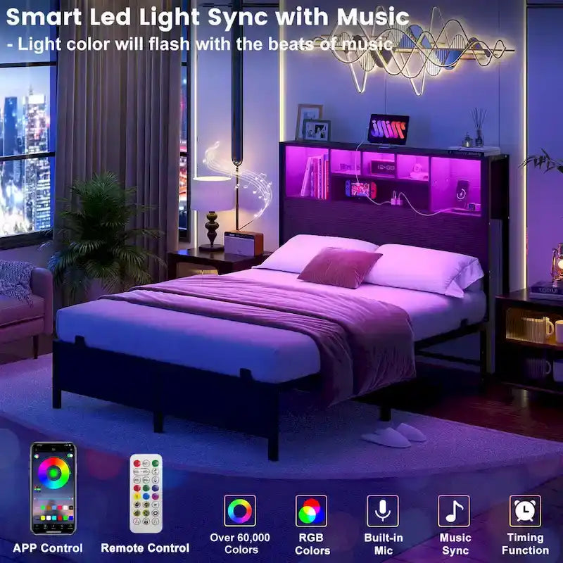 Cadre de lit avec tête de lit bibliothèque, cadre de lit plateforme en métal avec station de recharge et éclairage LED