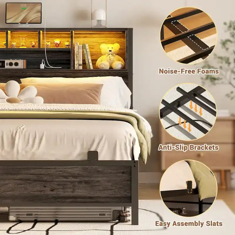 Cadre de lit avec tête de lit bibliothèque, cadre de lit plateforme en métal avec station de recharge et éclairage LED