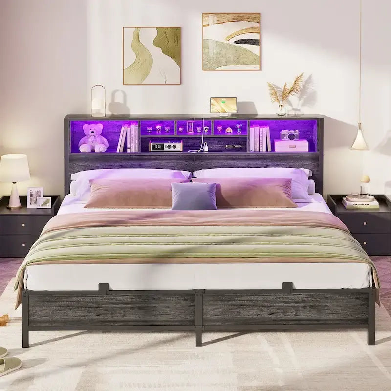 Cadre de lit avec tête de lit bibliothèque, cadre de lit plateforme en métal avec station de recharge et éclairage LED