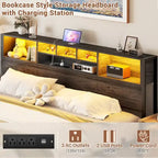 Cadre de lit avec tête de lit bibliothèque, cadre de lit plateforme en métal avec station de recharge et éclairage LED