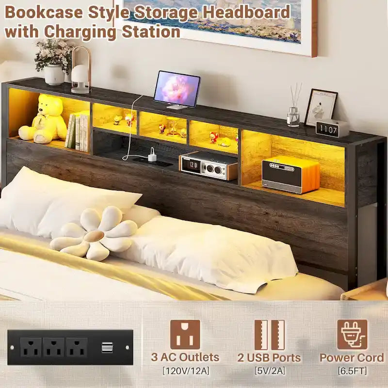 Cadre de lit avec tête de lit bibliothèque, cadre de lit plateforme en métal avec station de recharge et éclairage LED