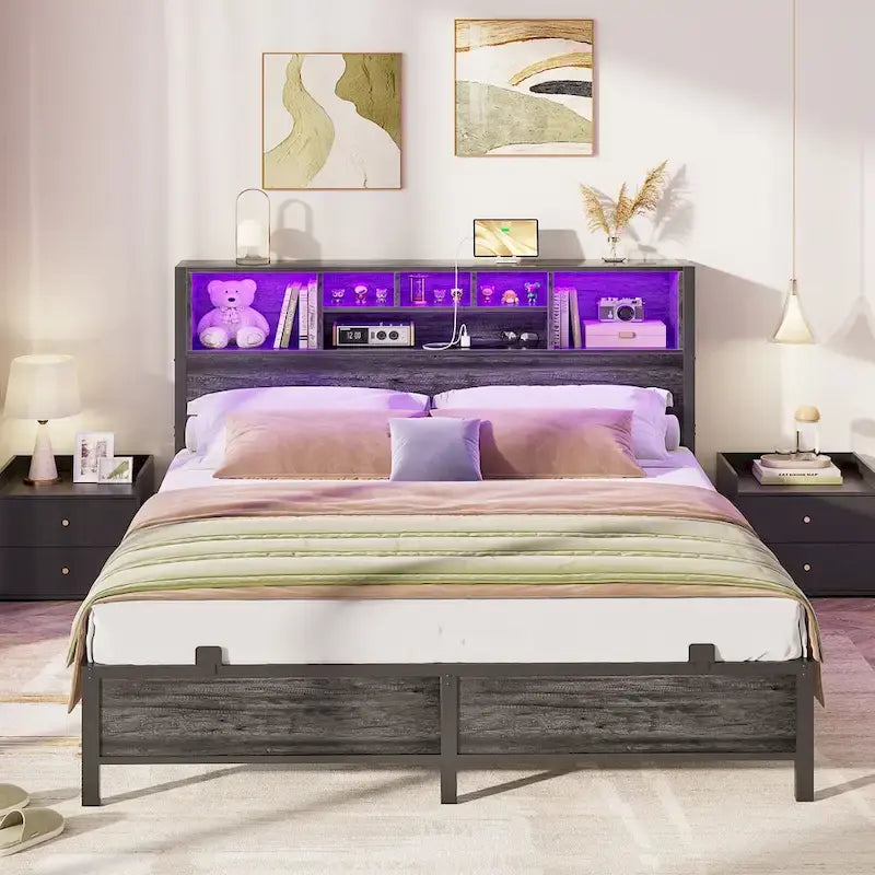 Cadre de lit avec tête de lit bibliothèque, cadre de lit plateforme en métal avec station de recharge et éclairage LED