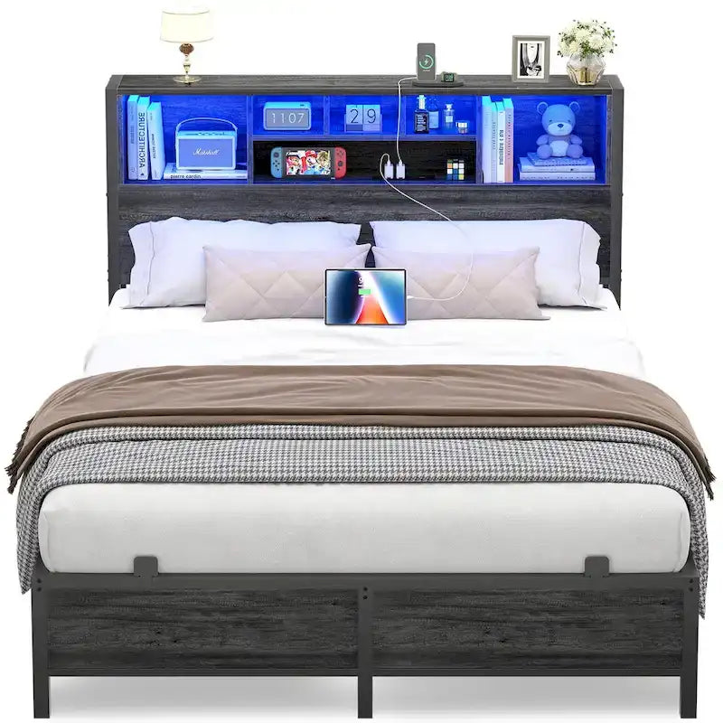 Cadre de lit avec tête de lit bibliothèque, cadre de lit plateforme en métal avec station de recharge et éclairage LED