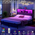 Cadre de lit avec tête de lit bibliothèque, cadre de lit plateforme en métal avec station de recharge et éclairage LED