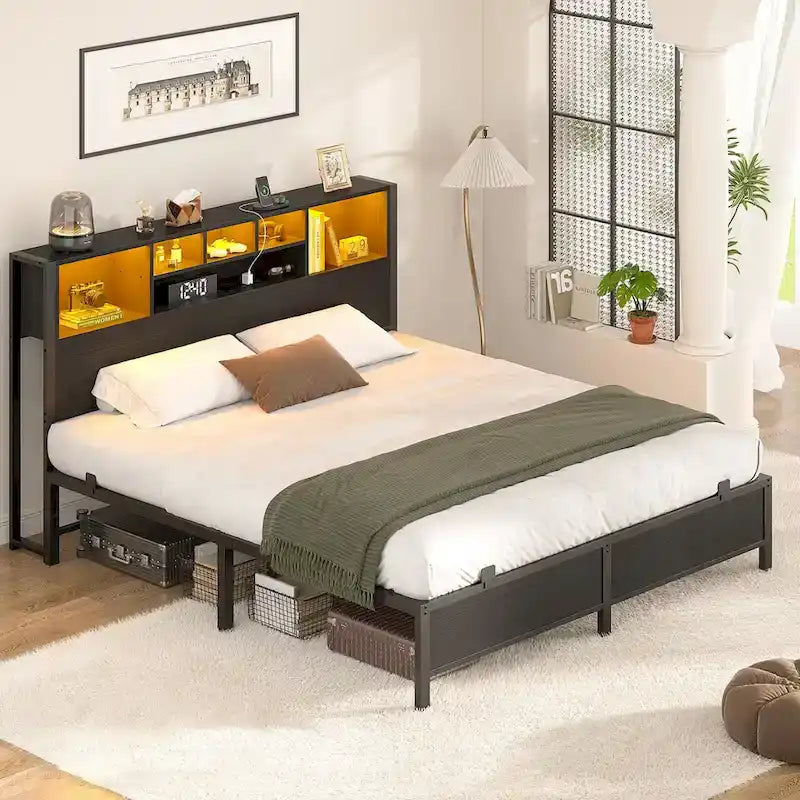 Cadre de lit avec tête de lit bibliothèque, cadre de lit plateforme en métal avec station de recharge et éclairage LED