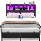 Cadre de lit avec tête de lit bibliothèque, cadre de lit plateforme en métal avec station de recharge et éclairage LED