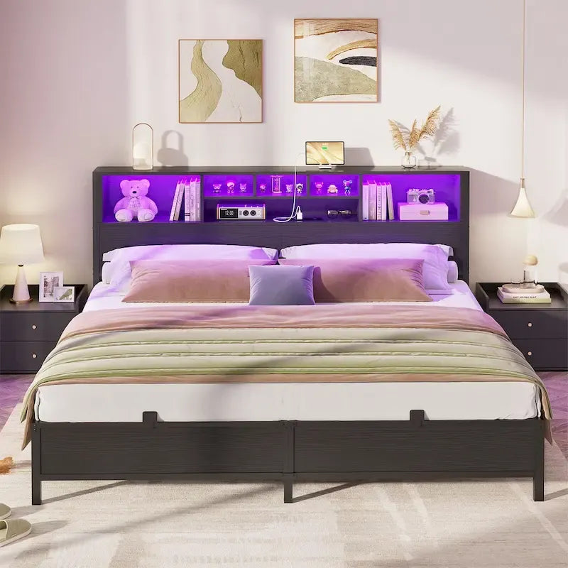 Cadre de lit avec tête de lit bibliothèque, cadre de lit plateforme en métal avec station de recharge et éclairage LED