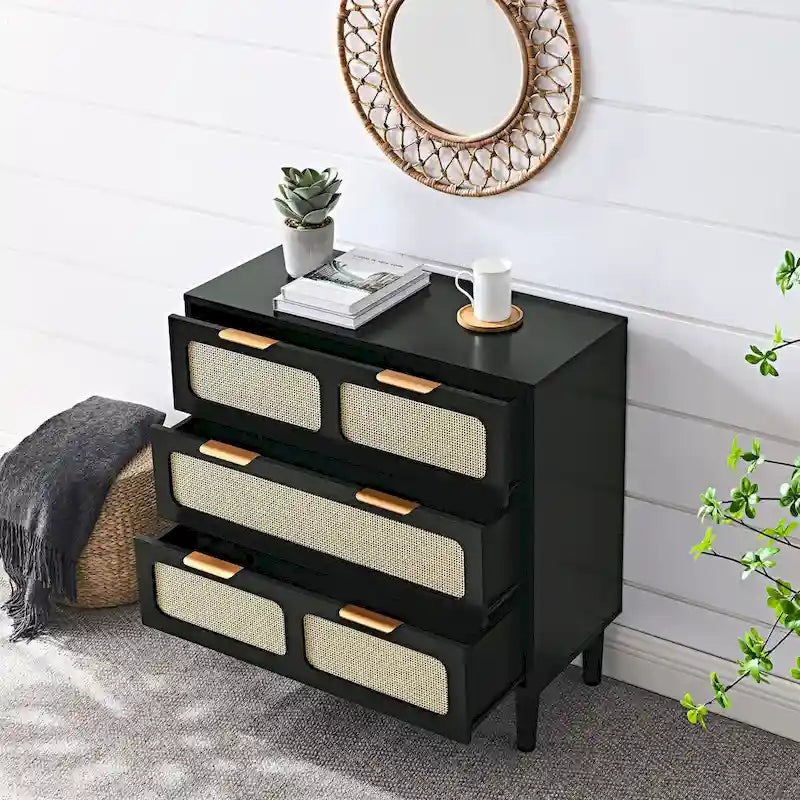 Modern Rattan Dresser Cabinet With Wide Drawers And Metal Handles
