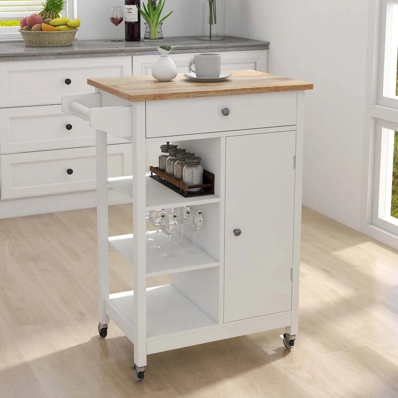 White Rolling Kitchen Island with Towel Rack