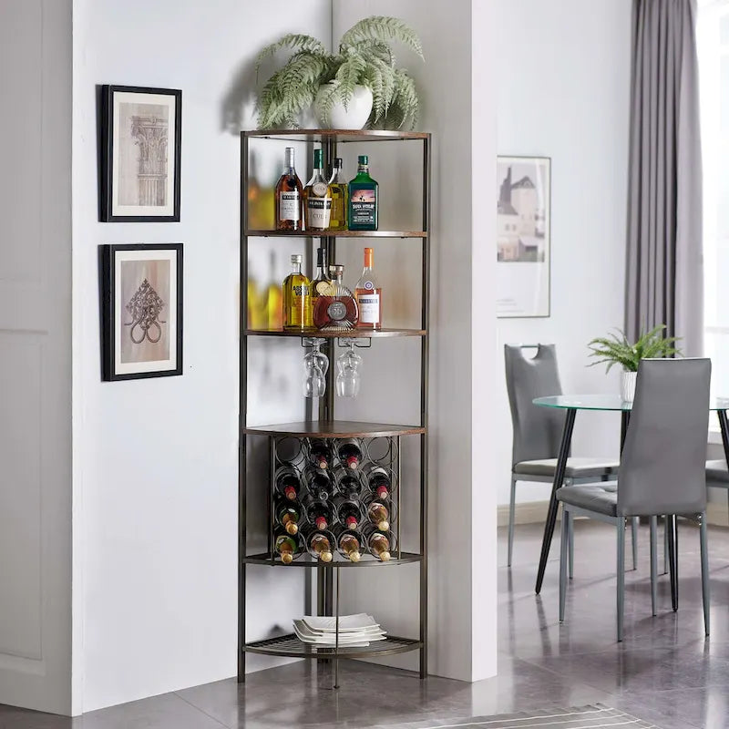 Corner Wine Rack with Wooden Shelves, Stemware Racks and Wire Wine Rack
